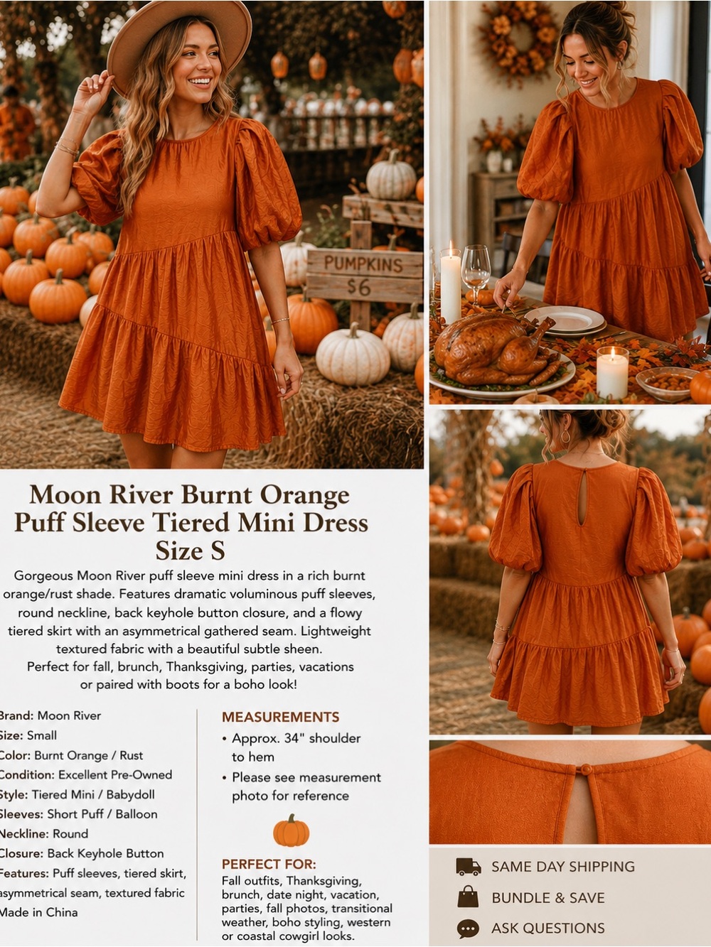 Moon River Burnt Orange Puff Sleeve Tiered Mini Dress Boho Fall Size S